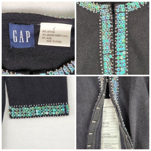 GAP Sequined Cardigan Angora Wool Cotton Blend Size S Black Blue - Picture 4 of 8